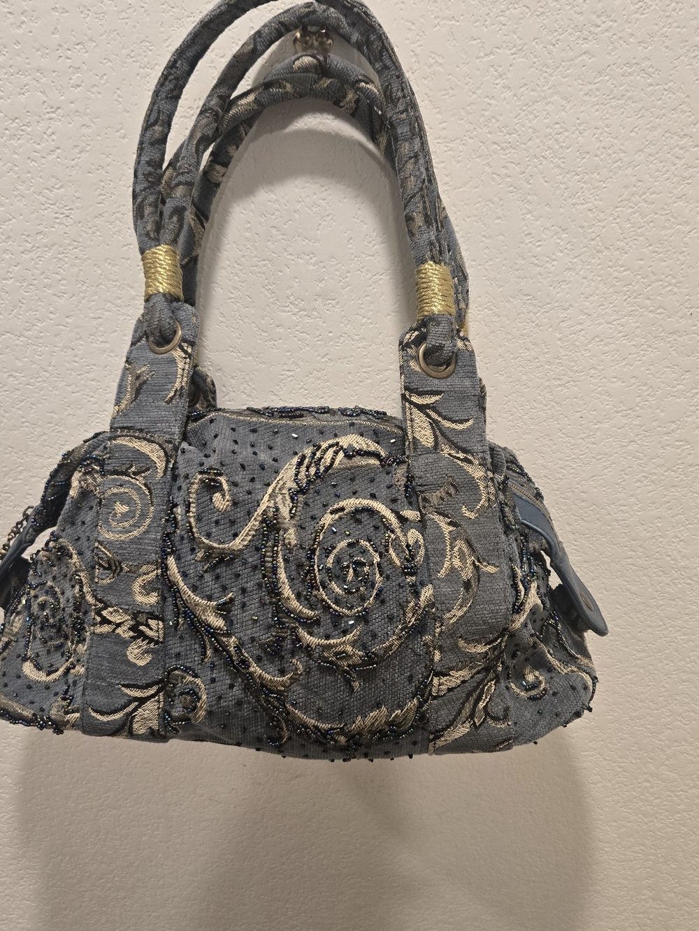 Sans Souci Blue Satchel with Gold Embroidery And Beads